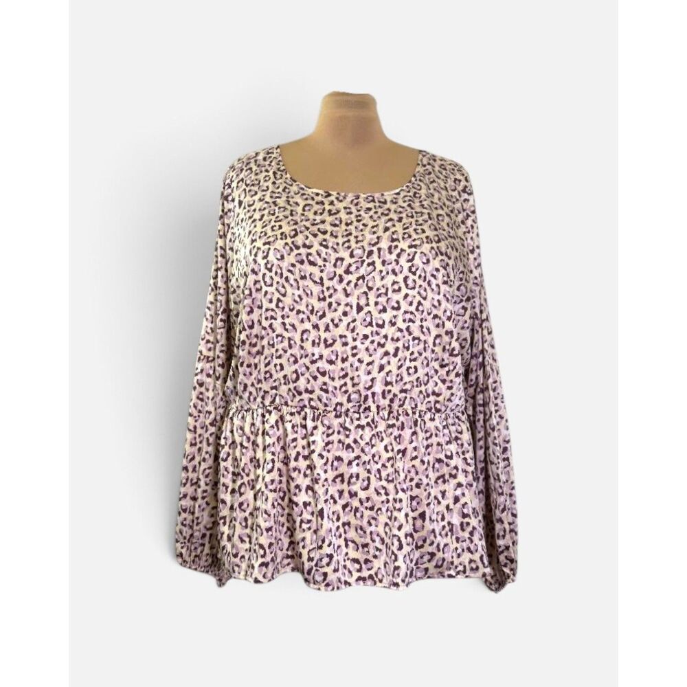 Glitzy Lifestyle Satin Animal Print Long Sleeve Blouse, NWT! Size 4XL